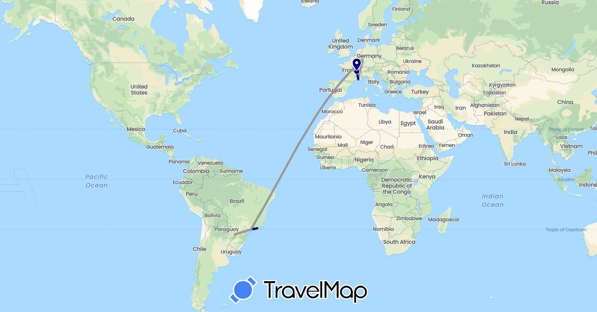 TravelMap itinerary: driving, plane in Brazil, Switzerland, Germany, France (Europe, South America)